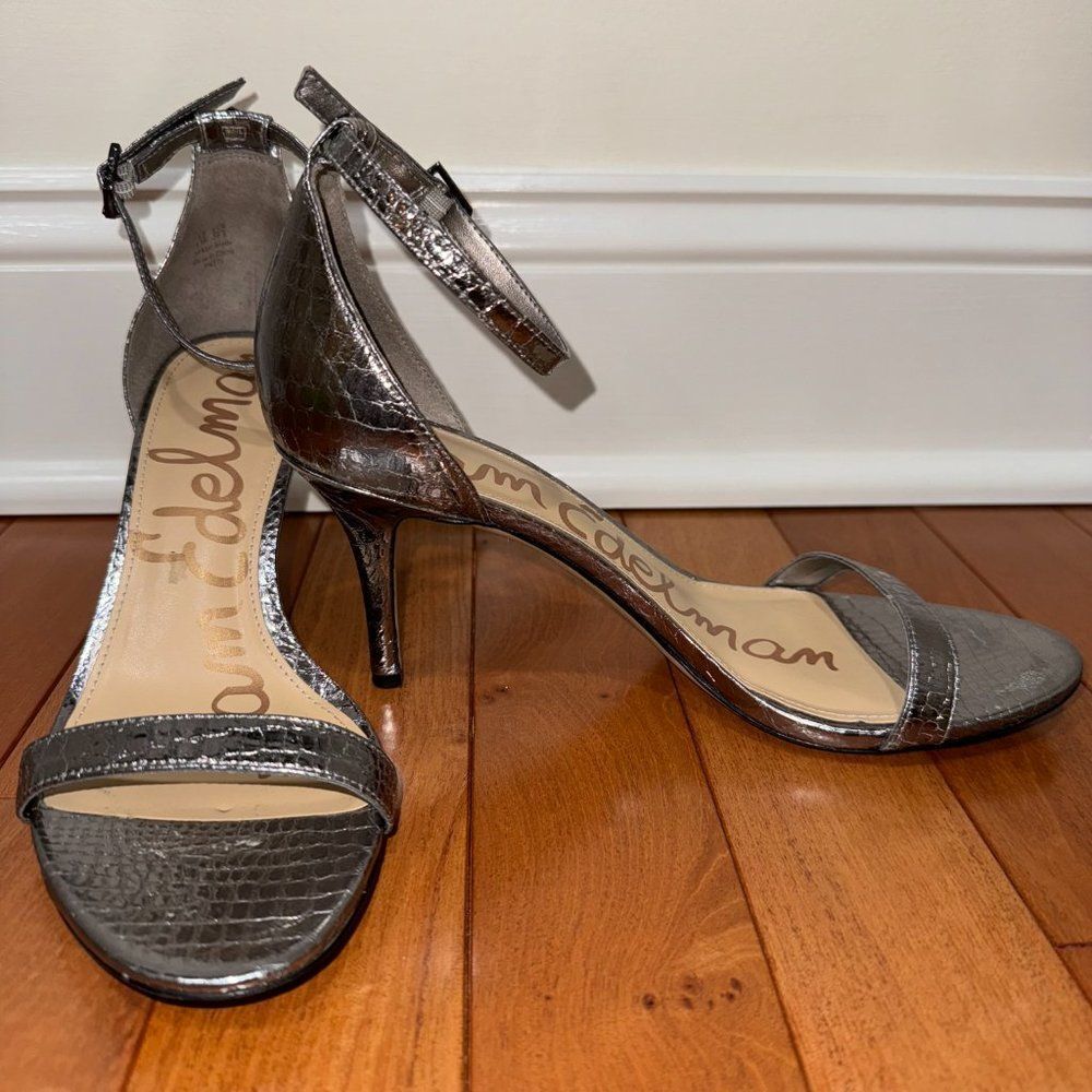 Sam Edelman Metallic Pewter Silver Crocodile Print Patti Sandals